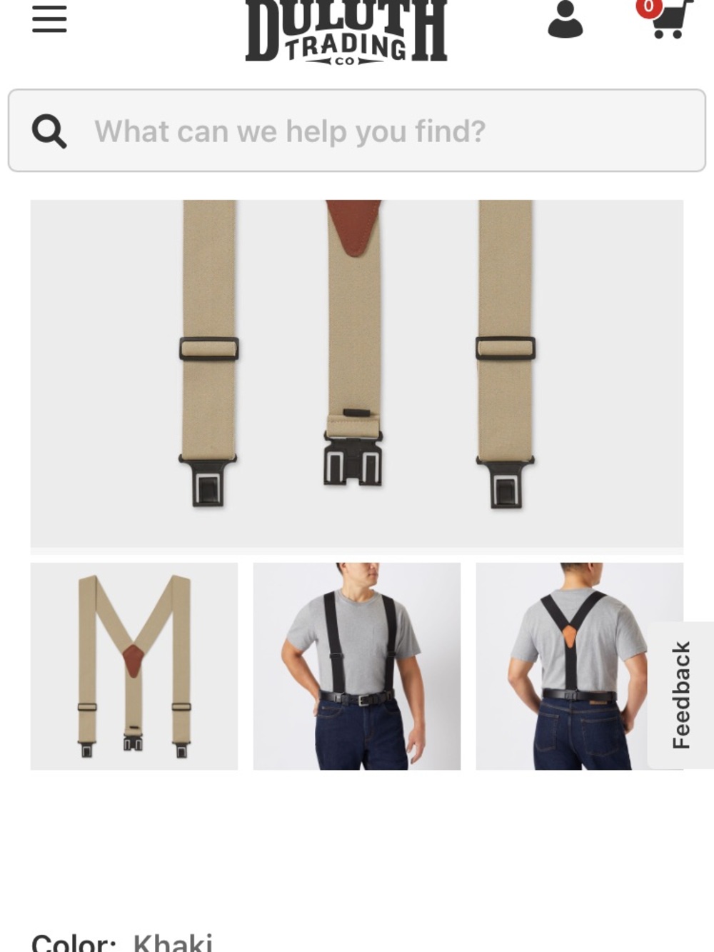 Duluth Trading Co Khaki Suspenders with Brown Leather Y-Patch
